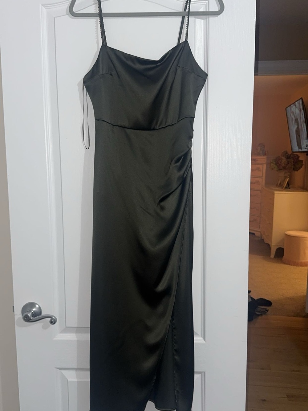 Zara Satin Slip Dress in Dark green- Elegant Spaghetti Strap Dress